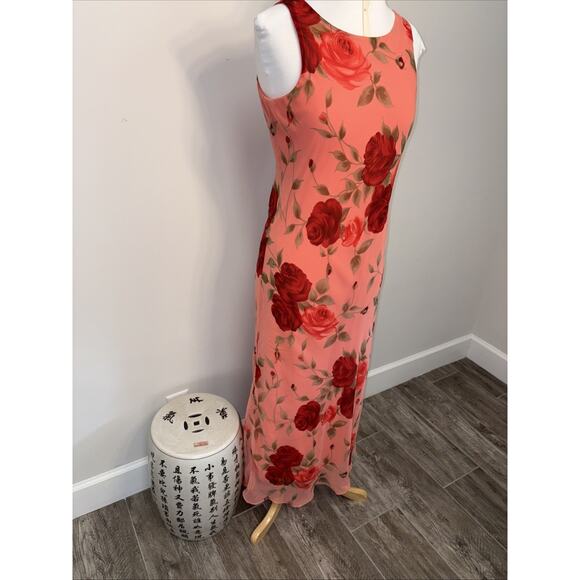 Vintage Y2K Coral Red Rose Holiday Party Dress Chiffon Maxi Slip Dress 90s - Picture 7 of 14
